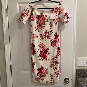 White floral off the shoulder dress.